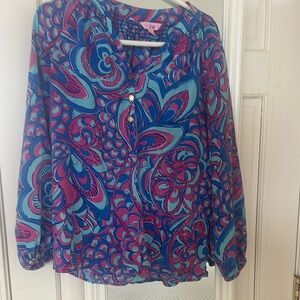 Lilly Pulitzer Purple and Blue Graphic Long Sleeve Blouse, gold buttons